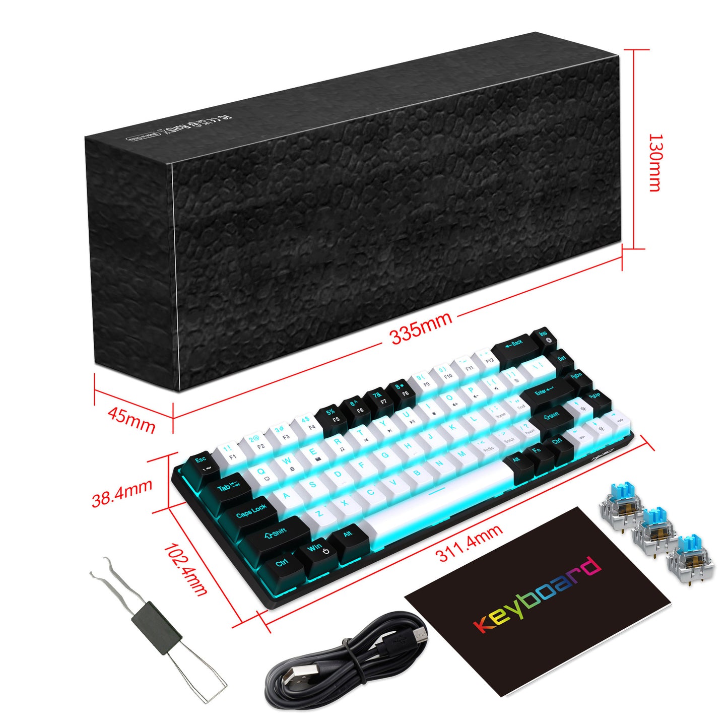 68 keys, 60% keyboard, customized color blocked keycaps, RGB mechanical keyboard, MINI set, plug-in blue axis ice blue disc