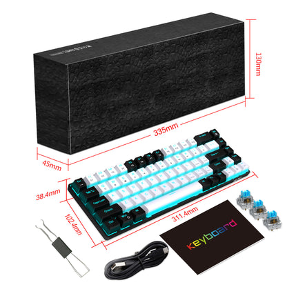 68 keys, 60% keyboard, customized color blocked keycaps, RGB mechanical keyboard, MINI set, plug-in blue axis ice blue disc