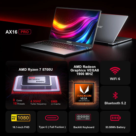 ACEMAGIC Gaming Notebook AMD Ryzen 7 5700U 16GB RAM 512GB SSD Full HD 1920x1080